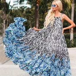 Casual Printed Loose Large Hem Dress Sexy Sleeveless Lady Beach Maxi Dress Summer Fashion Elegant Boho Dresses A1080 220510