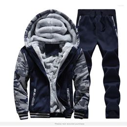 Men's Tracksuits Men's Tracksuit Winter Casual Inner Fleece Thick 2 Pieces Hooded Jacket Pant Windproof Warm Outwear Oversized Men Cloth