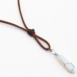 Pendant Necklaces Ironwire Woven Opal Pillar Stone Women Necklace Men Brown Genuine Leather Rope Sweater Chain 10pcs/lot Wholesale Jewellery