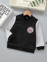 Toddler Boys Letter Embroidery Patched Colour Block Bomber Jacket SHE