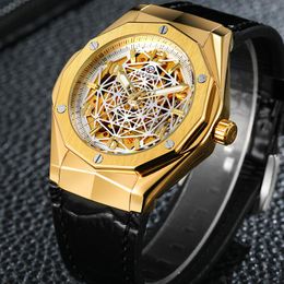 Wristwatches Forsining Fashion Casual Men Watch Black Spider Web Hollow Dial Gold Case Genuine Leather Strap Automatic Mechanical WatchWrist