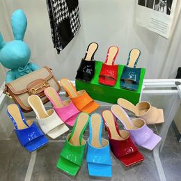Spring simple and versatile wide head slippers heel height 10cm slide lazy designer multicolor paint fabric soft women's sexy leather sole large 34-41