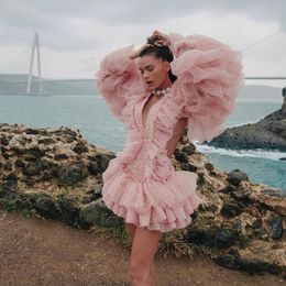 Party Dresses Pink Fluffy Pretty Prom Long Sleeves V Neck Ruffles Tiered Short Mini Length Ball Gown Women Cocktail Gowns