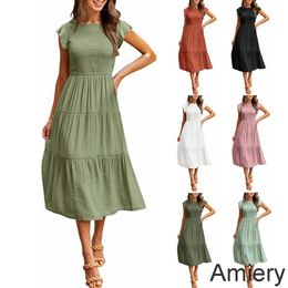 2022 Robe Pleated Dresses Vestido Lovly Layered Short Sleeve Large Swing Dress Skirt Casual Party Woman Summer Dress