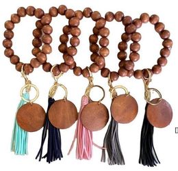 Wooden Bracelet Keychain with Tassels Key DIY Wood Fibre Pandent Bead Bangle Keyrings Fashion Accessories ZZA12878