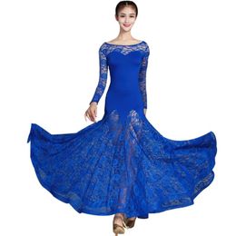 Stage Wear Ballroom Dance Dresses Lace Sleeve Flamenco Dancing Skirt 5 Colour Royal Blue Women Waltz Tango DressStage