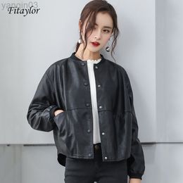 Fitaylor 2022 Women Faux Soft Leather Motorcycle Jacket Short Pu Leather Baseball Uniform Coat Single Breasted Black Overcoat L220801