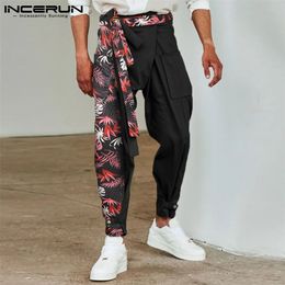 Men Pants Print Patchwork Lace Up Joggers Loose Pockets Casual Irregular Trousers Men Streetwear Harem Pants S-5XL INCERUN 220726