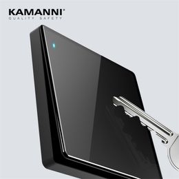 Kamanni Luxury Light Switches US Standard Glass Panel Switch 1/2/3/4 Gang 1/2 Way Switch Black Power Push Botton Switch 220V T200605