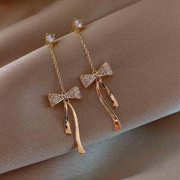 Dangle & Chandelier Korean Fashion Bow Drop Earrings For Women Gold Trend Long Chain Tassel Crystal Statement Jewellery Wholesale StudDangle