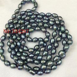 Pendant Necklaces Natural Freshwater Pearl Black Peacock Green Rice Necklace 7-8MM Long 50inchPendant