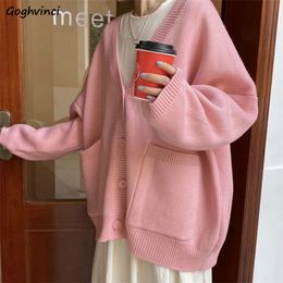 Sweater Solid Women Pockets Cardigans Sweet Girls Daily Outwear Kawaii Womens Loose Knitted Chic Korean Style All-match Jumper T200820