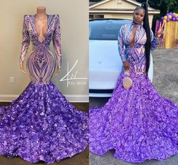 Lavender Lilac Lace Mermaid Evening Formal Dresses with Long Sleeve 3D Floral Rose Bottom Train African Fishtail Prom Gown Robes
