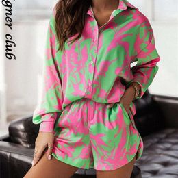 Print Shorts Suits Woman Vintage Long Sleeve Shirt And Short Pants Suit Two Piece Set Female Casual Outfit 220526