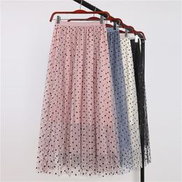 C54 Early Spring Skirt Long New Arrival 2020 Empire Slender Dot three layers Mesh Young Women Summer Pleated LJ200820