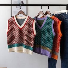 Chic Vintage Argyle Sweater Vest for Women Autumn Winter Pullover Hit Colour Knitted Vest Sleeveless Jecket Gilet Femme 220719