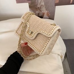 Summer handbag New quality Straw pearl Women's Designer Handbag Pearl Chain Shoulder Bag handbag Weave Square Crossbody Bag