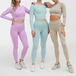 2/3 Piece Set Women Ribbed Seamless Yoga Sets Workout Clothes for High Waist Sports Legging Long Sleeve Top and Crop Bra 220330