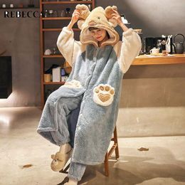 Women's Sleepwear Multi-Design Autumn Winter Flannel Bathrobe Set Women Sweet Cute Hooded Bath Robe Home Wear Female NightgownWomen's