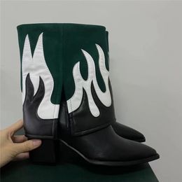 Мода-зима новые женщины огненные ботинки модные печать ковбоя короткие уличные ботинки для женщин замша толстая каблука лодыжка Ботас де Мухер