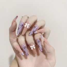 False Nails Ice Penetrating Taro Flower French Wearable Manicure Stick-on Fake Patch 24pcs Long Coffin Removable Purple Nail Prud22