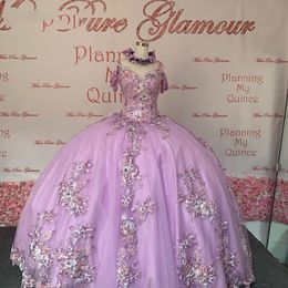 lavender lilac Flowers Quinceanera Dress 2022 Off Shoulder lace-up corsetProm sweet 15 Party for Girl Graduation Wear vestidos de xv anos