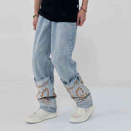 Джинсы со съемной вышивкой до щиколотки Мужские и женские джинсовые брюки в стиле пэчворк Прямые свободные повседневные джинсы High Street T220298O