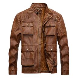 Thick Boys Kaki Cargo Jacket Retro Pu Leather Jacket Winter Men Large Format Faxu Leather Jacket Male 4xl 5xl vintage Top Hot L220725