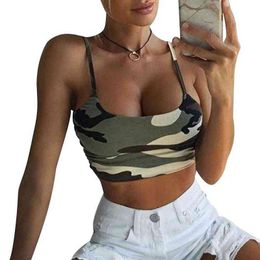 Sexy Outdoor Women Sleeveless Spaghetti Straps Camouflage Color Slim Show Navel Beach Camisole Blouse L220705