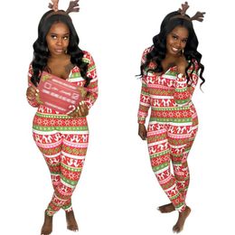 Women's Jumpsuits & Rompers Autumn Women's Sexy V-Neck Printed Tight-fitting Long-Sleeved Jumpsuit Ladies Pyjamas Christmas Party Holida