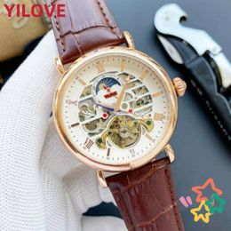 Mens 42mm Automatic Mechanics Watch Black Brown Genuine Leather Strap Clock Waterproof Hollowed Out Design Glass Mirror Business Luxury Gifts Wristwatches