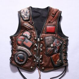 Punk Style live Harley leather vest jackets copper buckle men laser embroidery piece rock motorcycle leather jacket wanted Applique