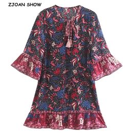 Women blue red flower Crane print Short Dress Holiday V neck Tassel Stream 3/4 Sleeve Ruffles Hem Dresses Vestido 220511
