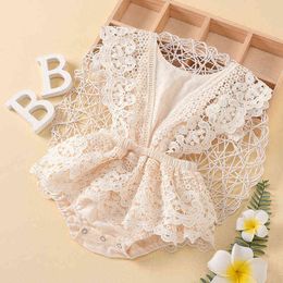 Summer Newborn Infant Baby Girls Lace Rompers Outfits Fly Sleeve Backless Hollow Flower Elegant Layered Toddler Baby Jumpsuits G220521