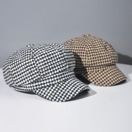 Berets Women Beret Hat Autumn Gold Thread Houndstooth Painter Cap Warm Female Sboy Outdoor Walking Octagonal HatBerets