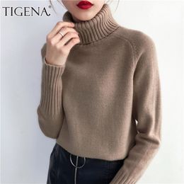 TIGENA Autumn Winter Thick Warm Pullover Sweater Women Long Sleeve Knitted Sweater Female Khaki Green Jumper Women Knitwear 201223