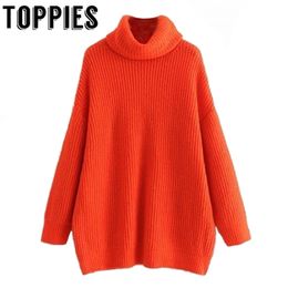Winter Women Orange Colour Turtleneck Knit Sweater Batwing Sleeves Oversize Knit Pullovers LJ201113