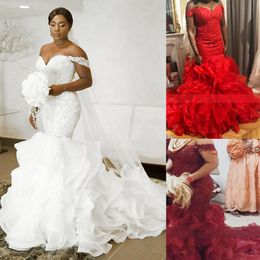 Elegant African Nigeria Wedding Dress 2022 Off Shoulders Crystal Lace Bottom Ruffles Country Bridal Gowns Classy Garden Bohemian Robe De Mariage Vestidos Novia