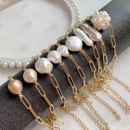Charm Bracelets Natural Freshwate Pearl Bracelet Gold Colour Stainless Steel Chain Irregular Baroque For Women Wedding PartyCharm