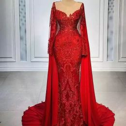 Vintage Red Long Sleeve Evening Dresses Arabic Aso Ebi Luxurious Mermaid Party Ocn Gowns Sheer Neck Lace Beaded Vestidos De Fiesta
