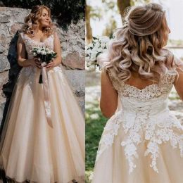 Wedding Champagne Dresses Bridal Gown Lace Applique Floor Length Ruched Sleeveless Garden Vestidos De Novia Plus Size Custom Made