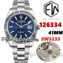 EWF V3 ew126334 EW3235 Automatic Mens Watch 41MM Fluted Bezel Blue Pit pattern Dial Stick Markers 904L Steel Bracelet With Same Serial Warranty Card eternity Watches