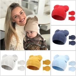 Newborn Caps Newborn Solid Ribbed Cotton Glove Hat Set Infant Bear Shaped Beanie Mittens Baby Bonnet Cap Accessories B8121