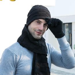 mens hat gloves and scarf set Canada - Berets Men Knitted Long Scarf Hat Gloves 3 Piece Set Man 2022 Winter Warm Plush Protection Ear Cap Scarves And Touchscreen