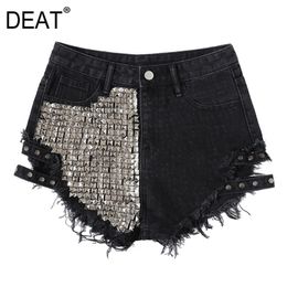 [DEAT] Summer Fashion Short Pants Solid Colour High Waist Distressed Rivet Personality Women Denim Shorts 13C557 220419
