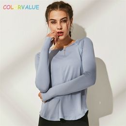 Colorvalue Loose Fit Solid Fitness Sport Shirts Blouse Women Antisweat Oneck Workout Running Long Sleeve Tops with Thumb Holes T200401