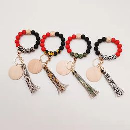 Foreign Trade Food Grade Silicone Bead Bracelet Keychain Wholesale PU Leather Tassel Blank Disc Keyring Multicolor Optional