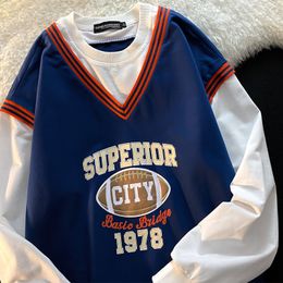 Harajuku Brand Vintage Vneck Baseball Letter Print Sweatshirts Women Long Sleeve Tops Large 2XL Fashion Teens Clothes 220815