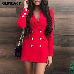 Women Notched Lapel Collar Double Breasted Pocket Design Blazer Dress Chic Elegant Long Sleeve Office Lady Spring Fall Dress T200320