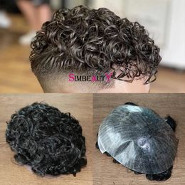 #1B Off Black 20MM Curly Men's Wig Human Hair Toupee Thin Skin Pu Male Replacement System Durable Capillary Prosthesis Hair Pieces Unit